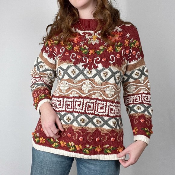 Vintage Cottagecore Hand Knit Crochet Embroidered Floral Sweater Grandma Cute - Picture 2 of 7